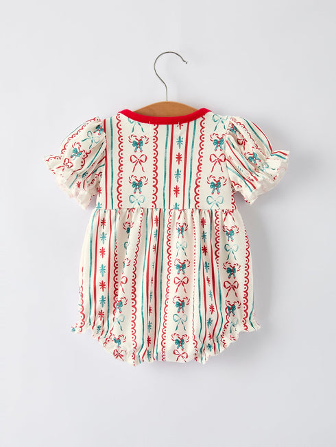 Christmas Baby Girls Romper Stripe Print One-Piece with Ruffle Trim